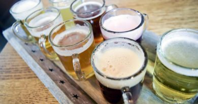 7 Glaskrüge mit verschiedenen belgischen Bieren auf Holztablett