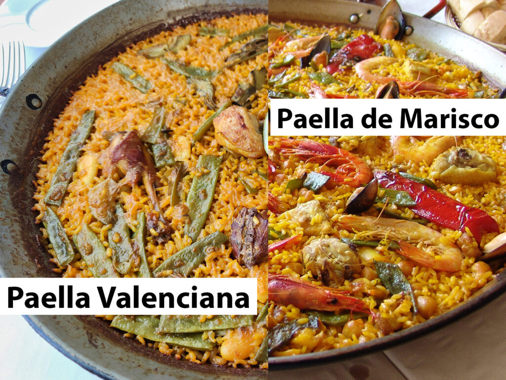 Links: Paella Valenciana (Kaninchen, Hühnchen), rechts: Paella de Marisco (Meeresfrüchte)
