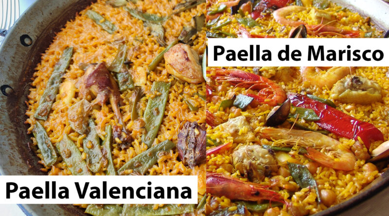Links: Paella Valenciana (Kaninchen, Hühnchen), rechts: Paella de Marisco (Meeresfrüchte)