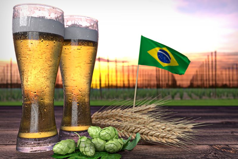Biergläser, Hopfen, Getreide und brasilianische Flagge