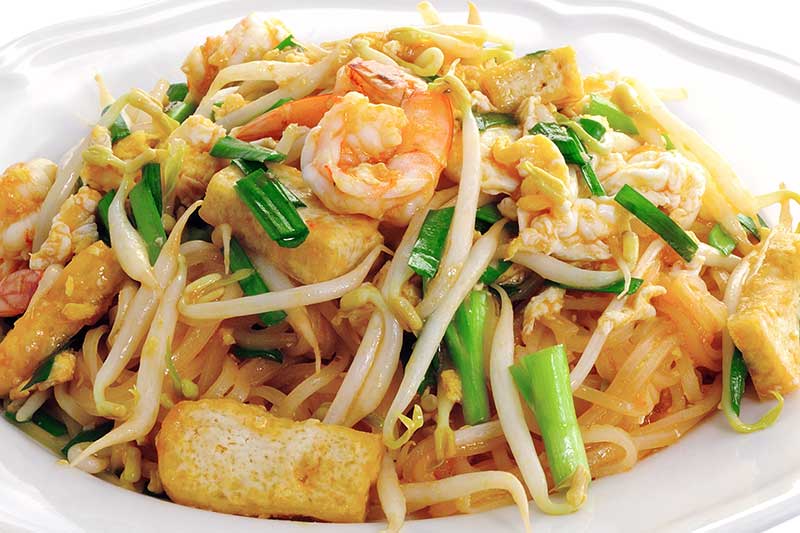 Pad Thai im weißem Teller - zu sehen sind Reisnudeln, Ei, Tofustreifen und Garnelen