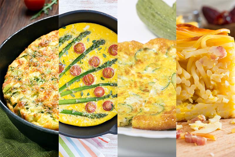 Ausschnitt von vier Frittata-Varianten: klassisch, mit Spargel und Tomaten, mit Zucchini und als Pasta-Frittata mit Spaghetti.